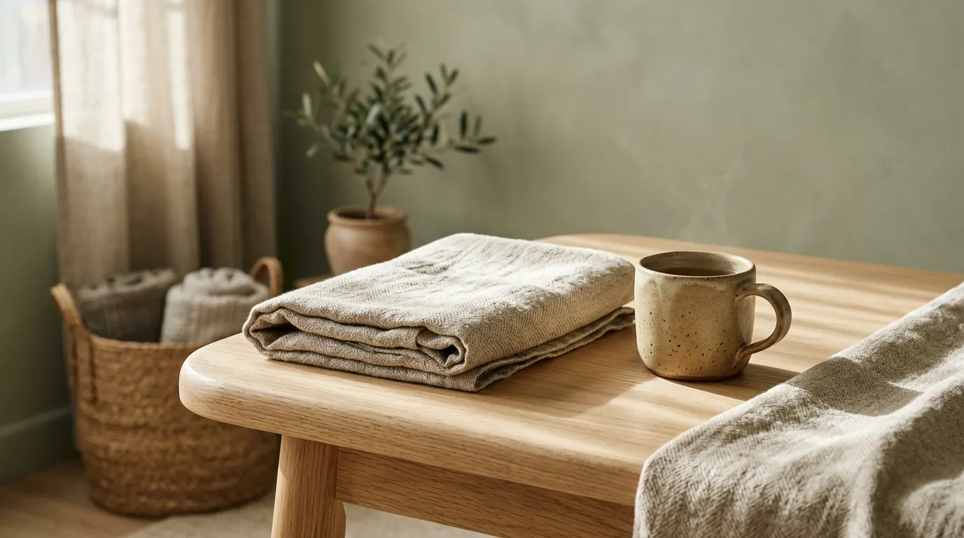 Linnen handdoek en keramische kop op een houten behandeltafel