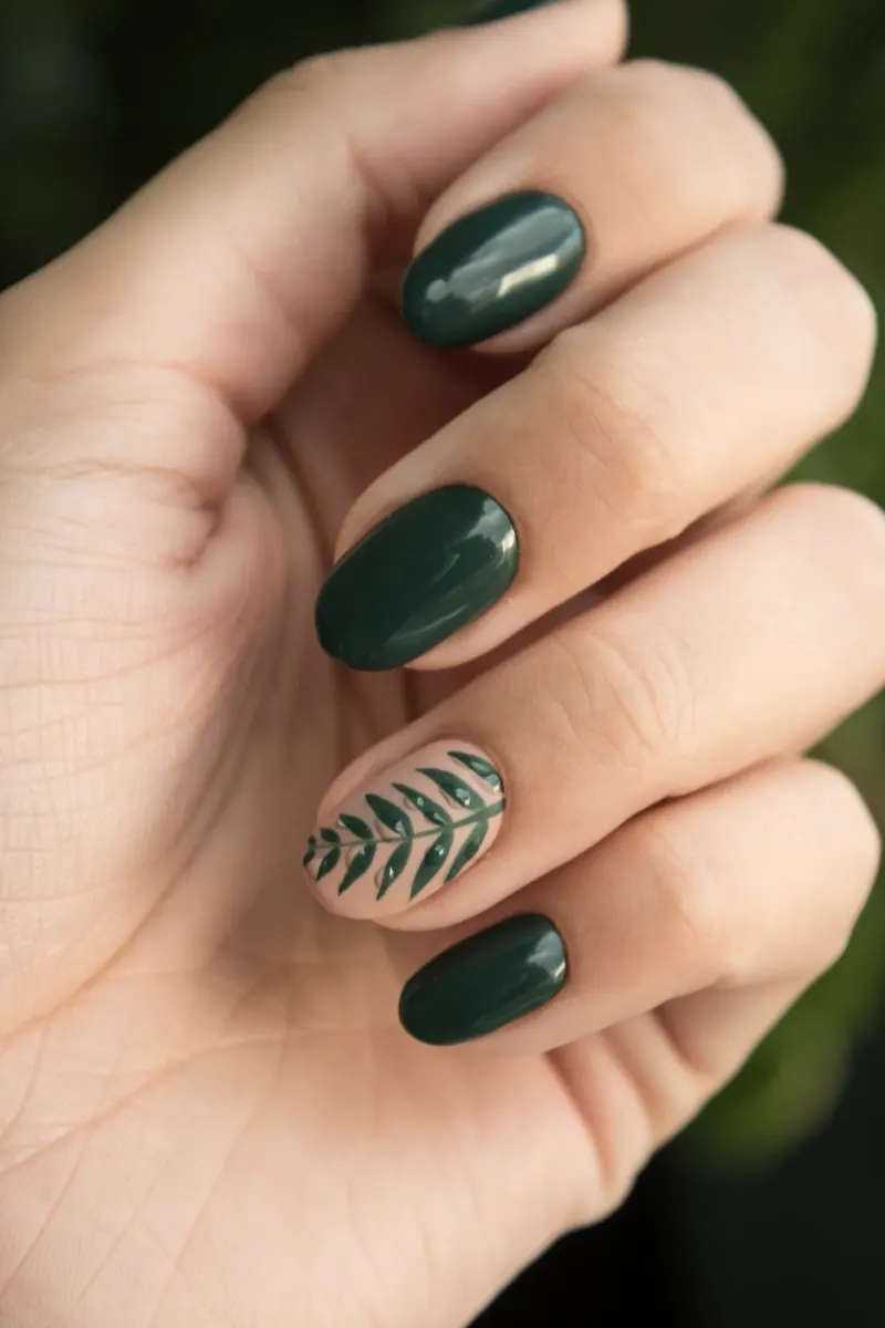 Donkergroene nagels met een geschilderd blad