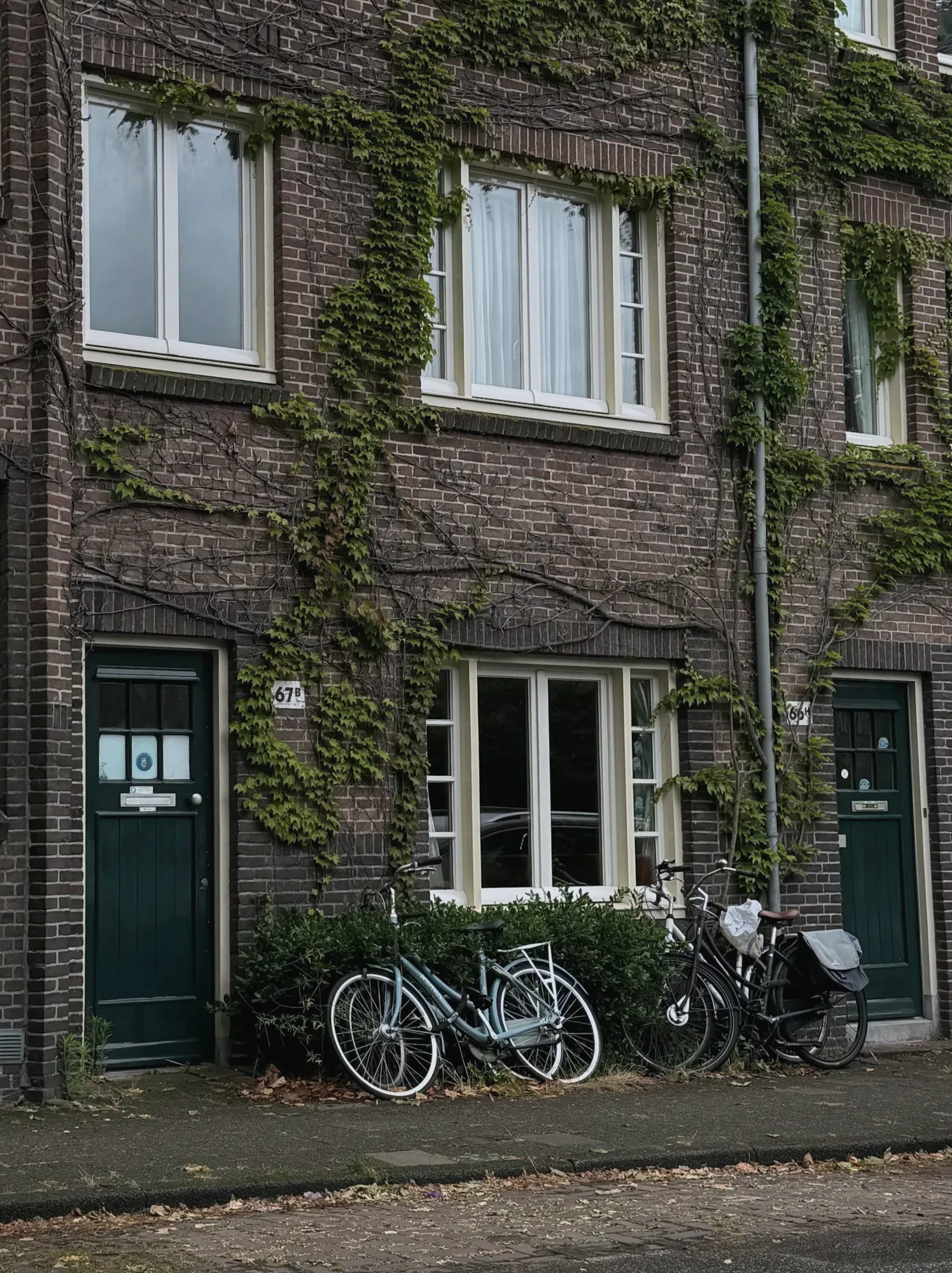 Een bakstenen huis met klimop en fietsen voor de deur